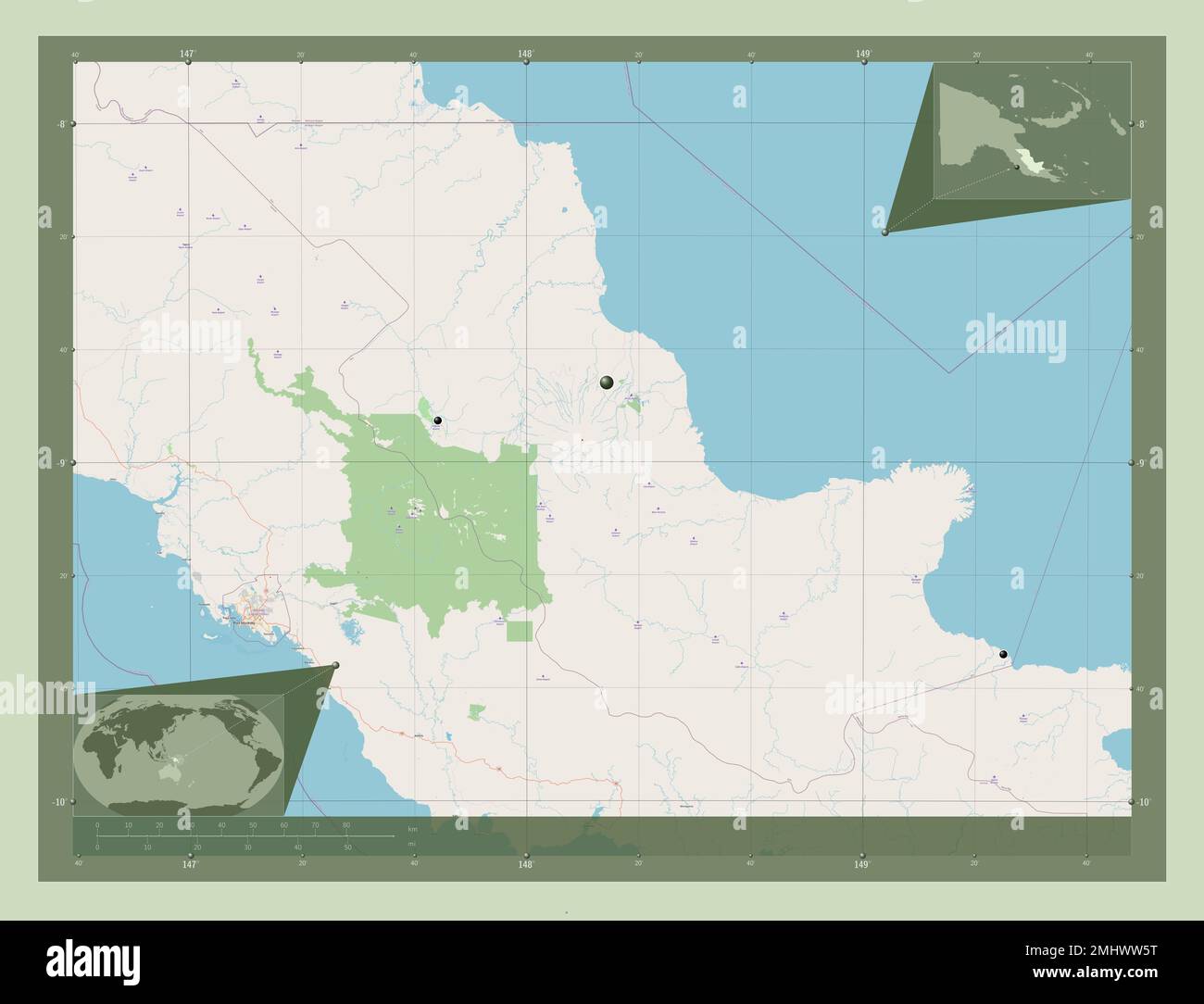 Oro, province of Papua New Guinea. Open Street Map. Locations of major