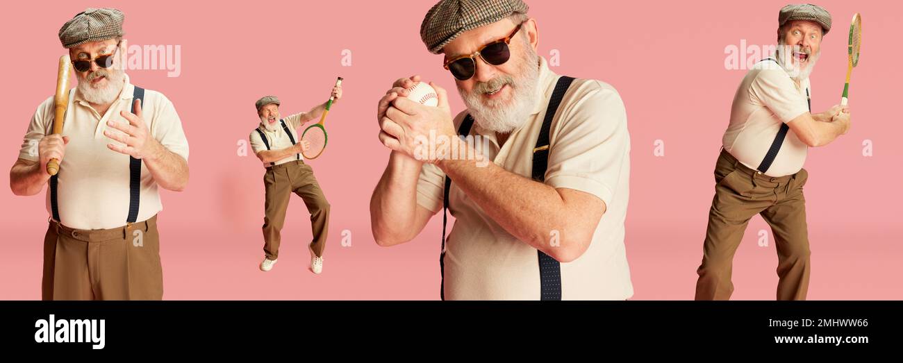 Collage. Portrait of emotive senior, old man in classical clothes posing with vintage racket and baseball bat over pink background Stock Photo