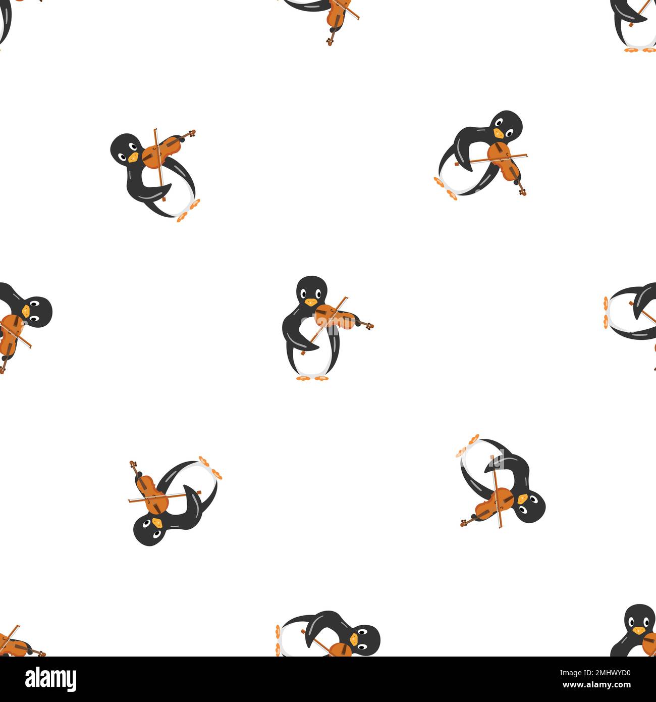 Penguin play violin pattern seamless vector Stock Vector