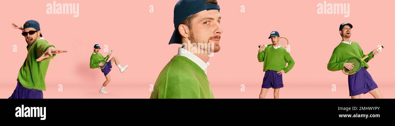 Collage. Portrait of young man in vintage clothes, cap, shorts and sweater posing with tennis racket over pink background. Stock Photo