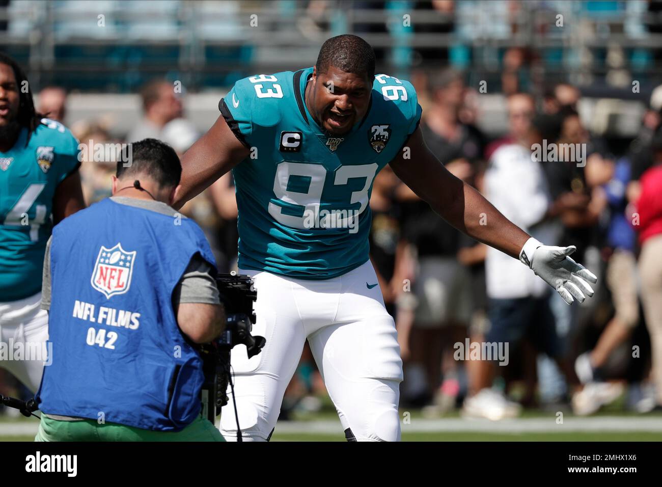 Jacksonville Jaguars defensive end Calais Campbell (93) lines up for a  drill during an NFL football practice in Jacksonville, Fla., Friday, Jan.  19, 2018. (AP Photo/Gary McCullough Stock Photo - Alamy