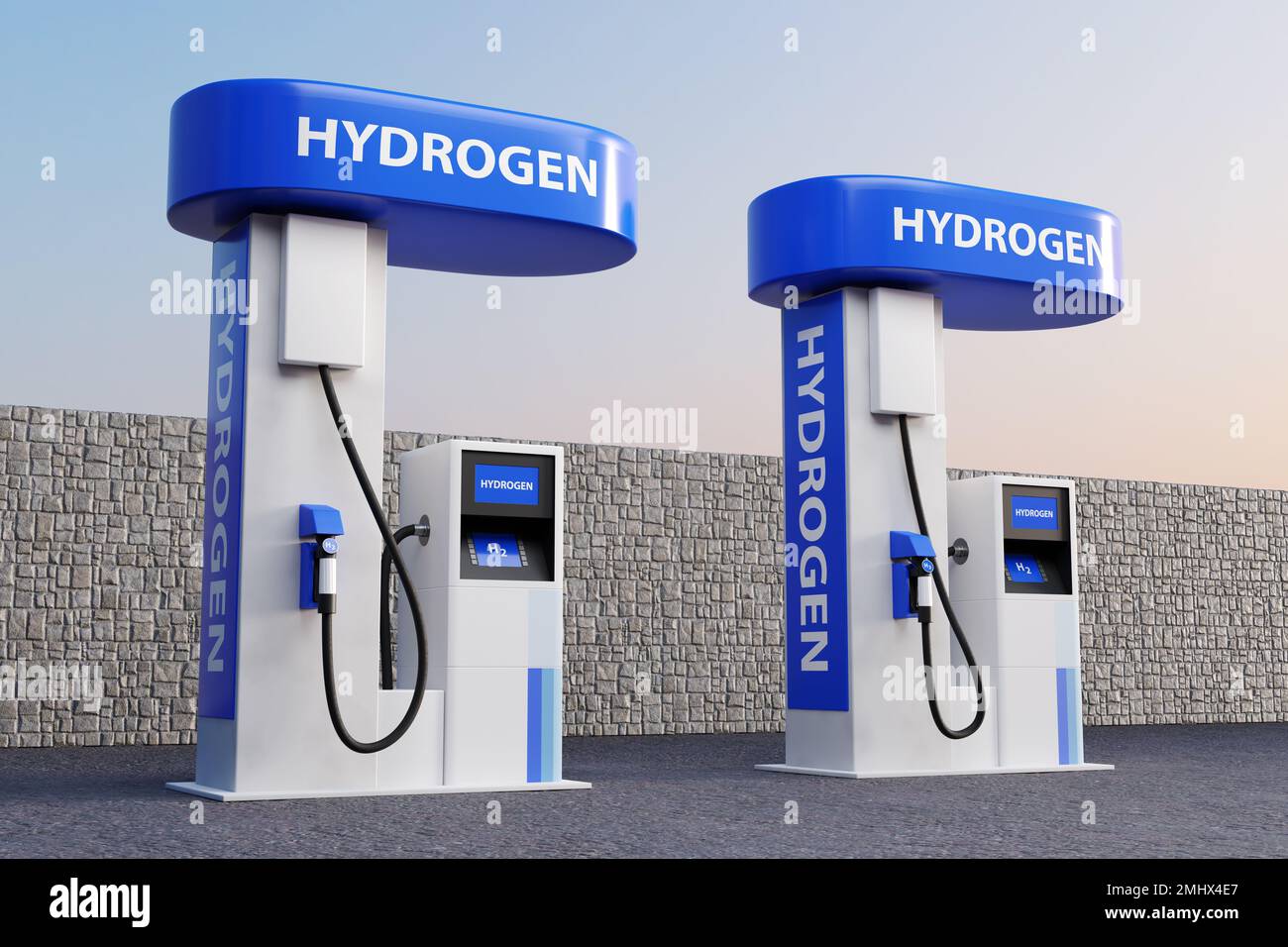 Hydrogen refueling station with dispensers for H2 vehicles. The concept of fuel cell electric vehicles and hydrogen powered transportation Stock Photo