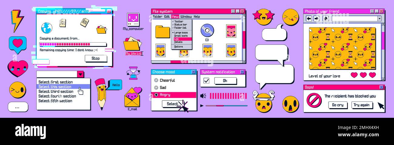 Retro computer screen interface, windows frames, dialog messages, buttons, file system, icons and smiles. Old PC graphic interface in y2k style, vector cartoon illustration Stock Vector