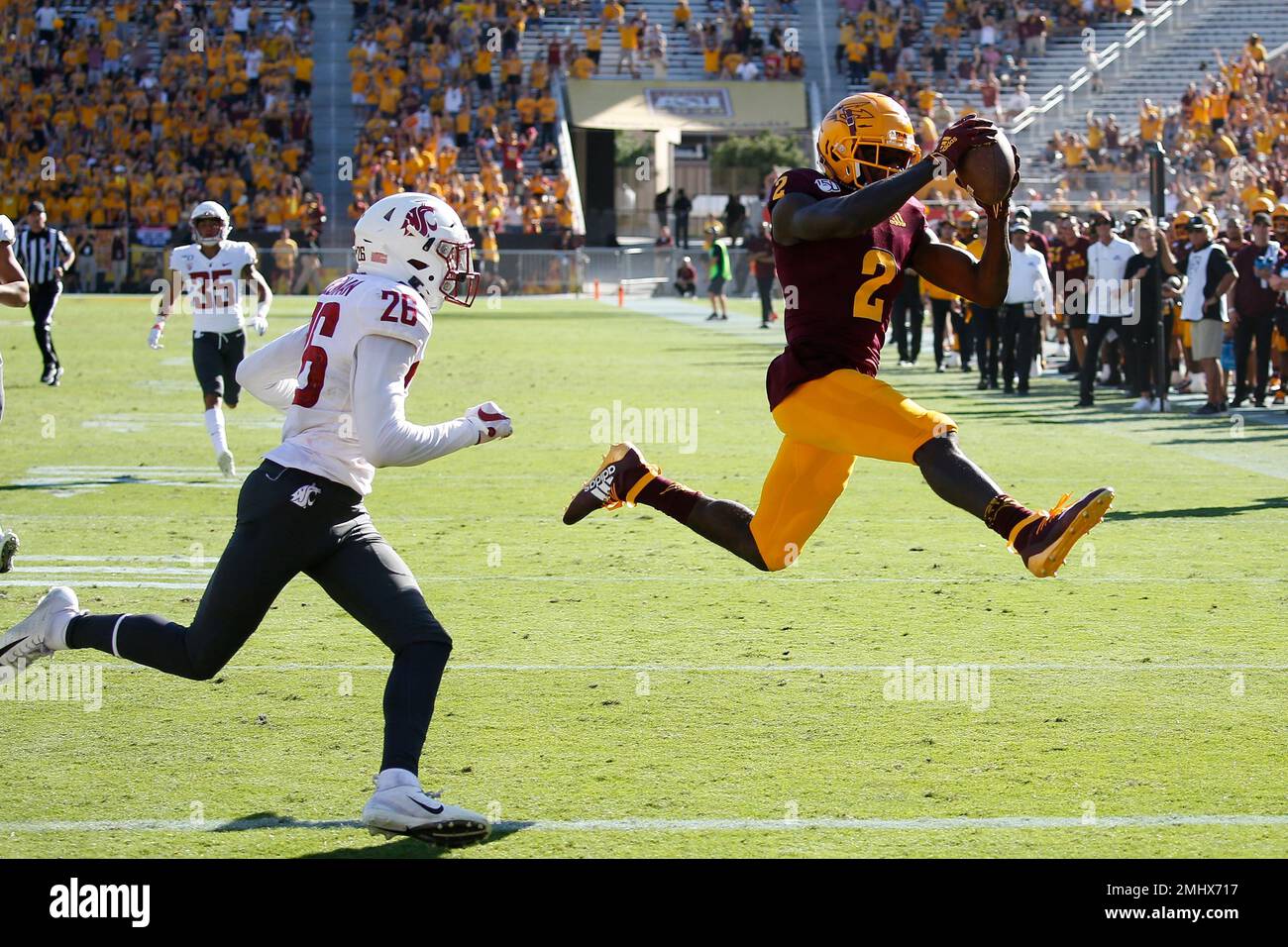 Arizona State Sun Devils wide receiver Brandon Aiyuk (2) tries to break away  from Washington Huskies defensive back Jordan Miller (23) during the second  quarter in a PAC-12 College Football game on
