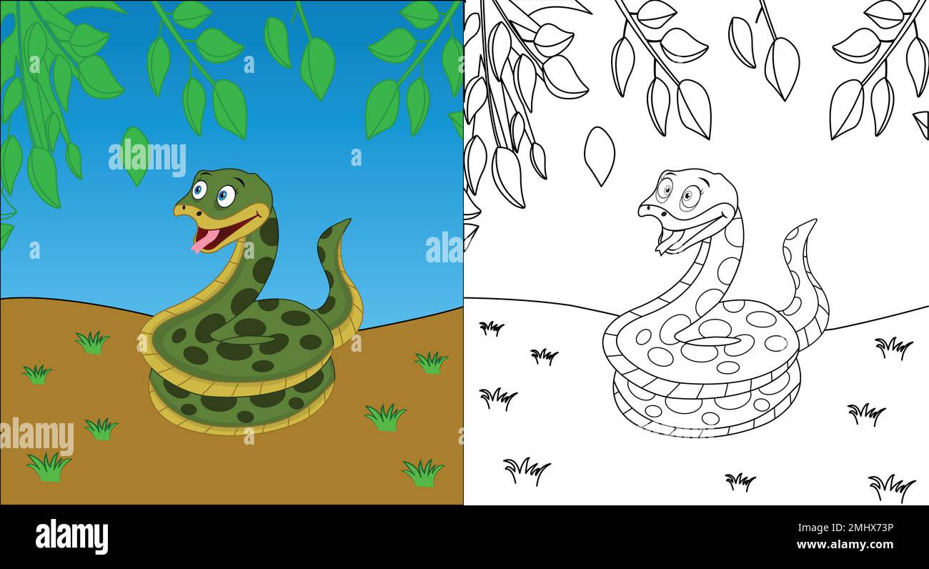 Cute cartoon snake coloring page with line art vector illustration Stock Vector