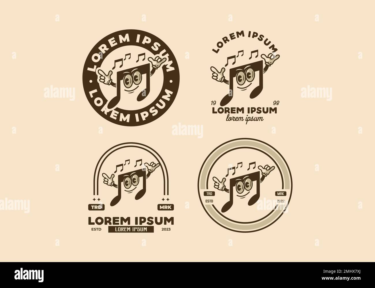 Music notes character mascot illustration badge design Stock Vector