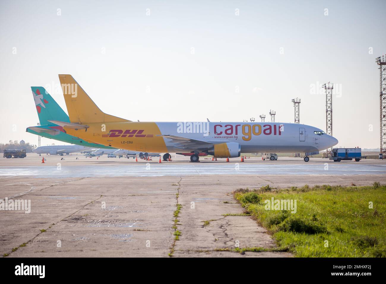 Kyiv, Ukraine - October 29, 2019: DHL cargo plane at the runway of international airport Boryspil. Cargoair airlines. Delivery air transport Stock Photo
