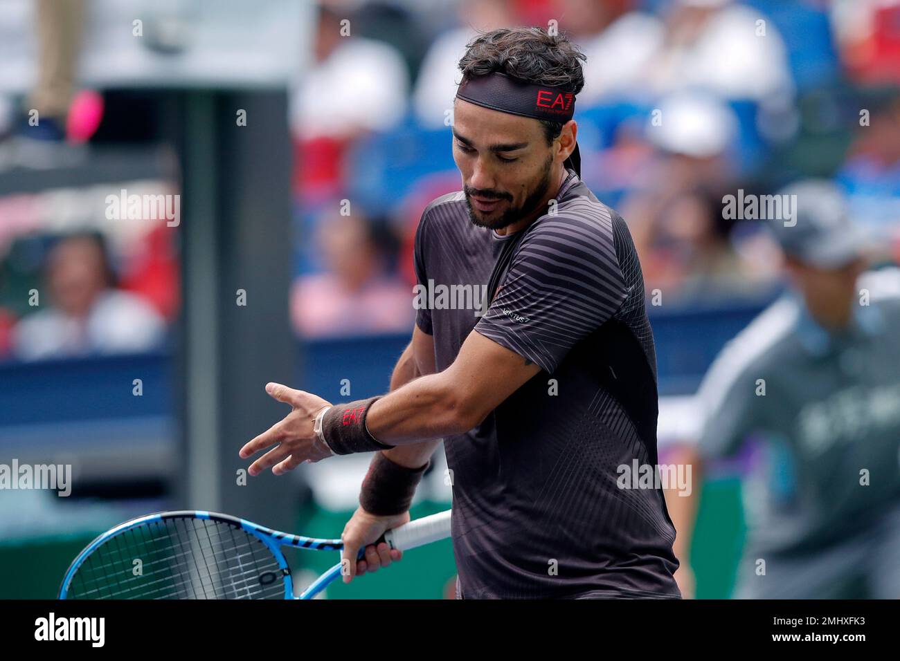 Fabio Fognini of Italy reacts during the mens singles quarterfinals match against Daniil Medvedev of Russia at the Shanghai Masters tennis tournament at Qizhong Forest Sports City Tennis Center in Shanghai, China,