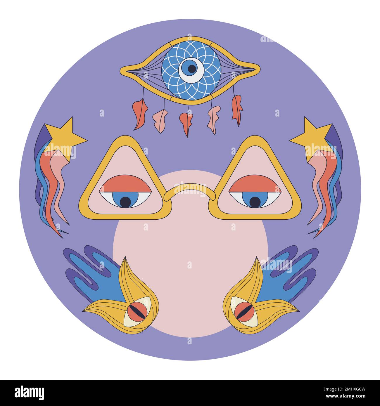 Psychedelic 1970 vibe round cover for box, bottle. Mystic unearthly trippy retro design with text space. Shooting stars, magic eye glasses, dream catc Stock Vector