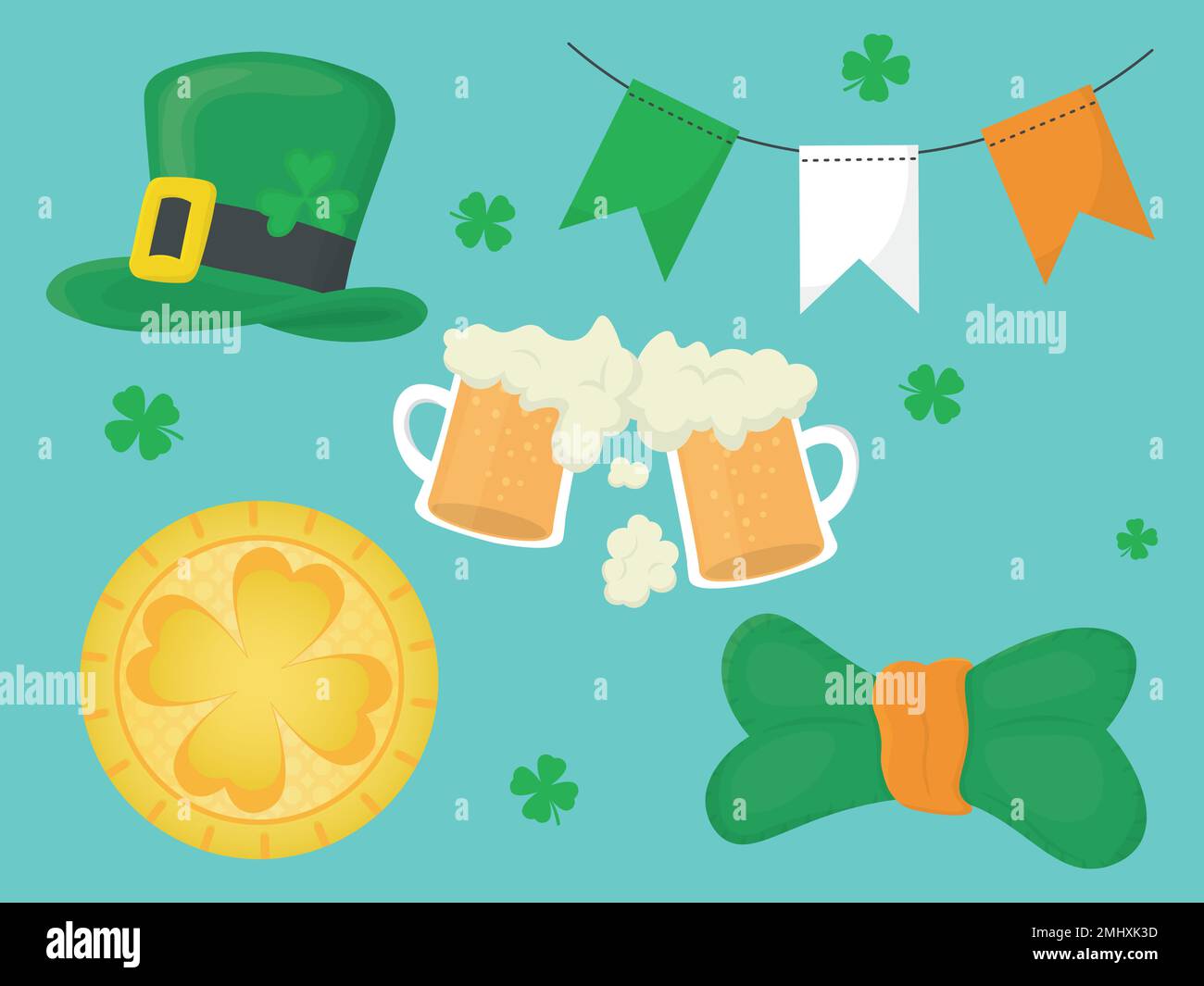 a set for saint patricks day includes gold coin, hat, glasses of beer, flags garland and butterfly Stock Vector