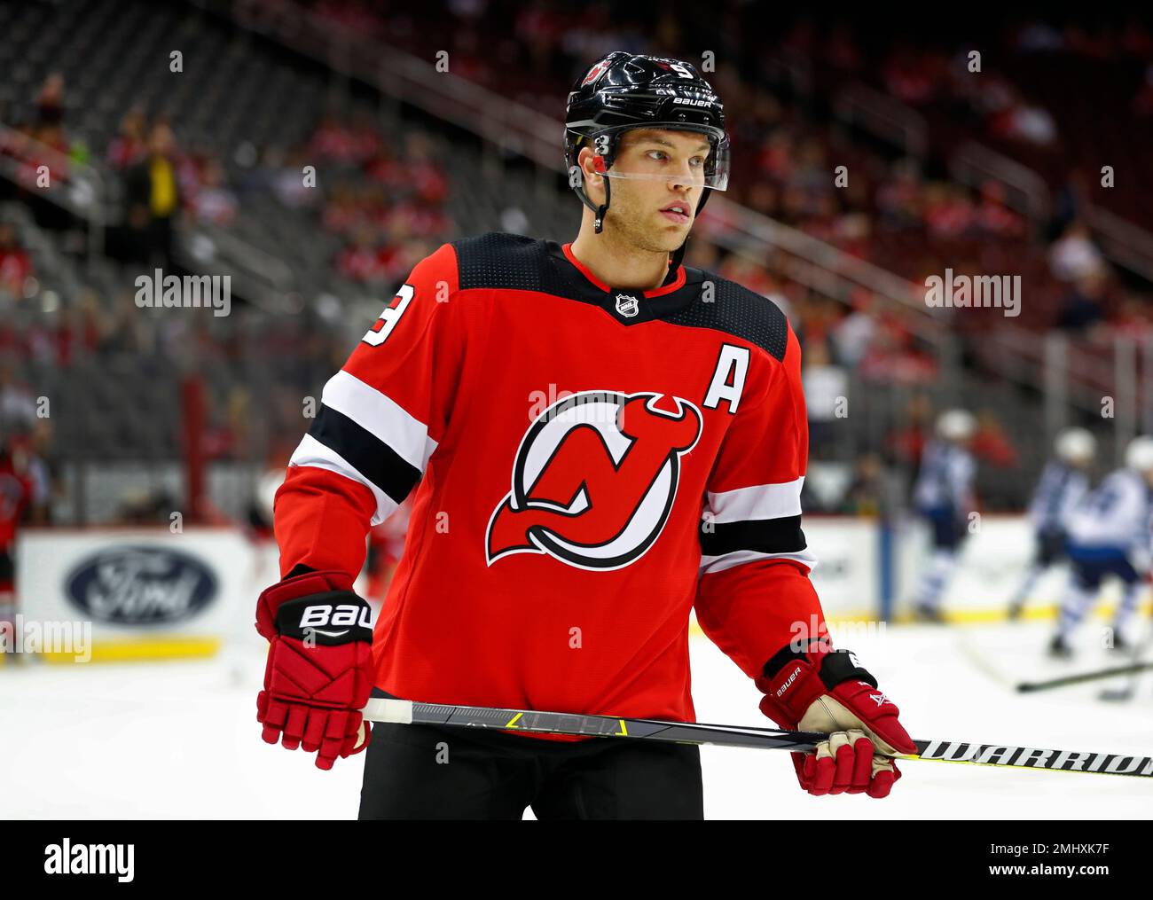 New Jersey Devils left wing Taylor Hall warms up before the start