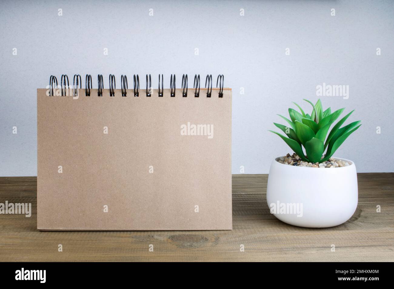 An open notebook with blank pages next to a green plant in a pot on a wooden table. Copy space. Retro style. Stock Photo