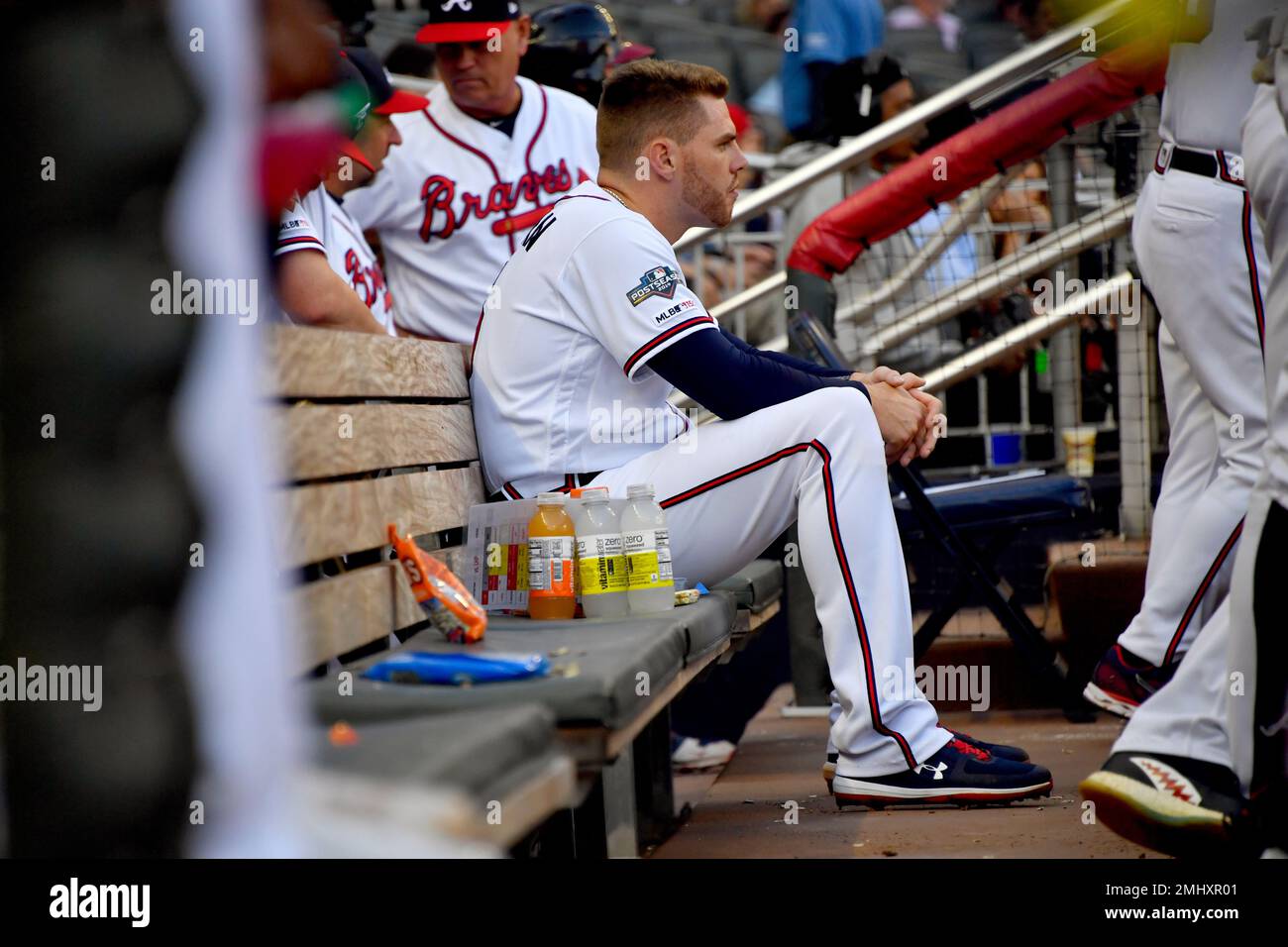 Atlanta Braves first baseman Freddie Freeman sits in the dugout