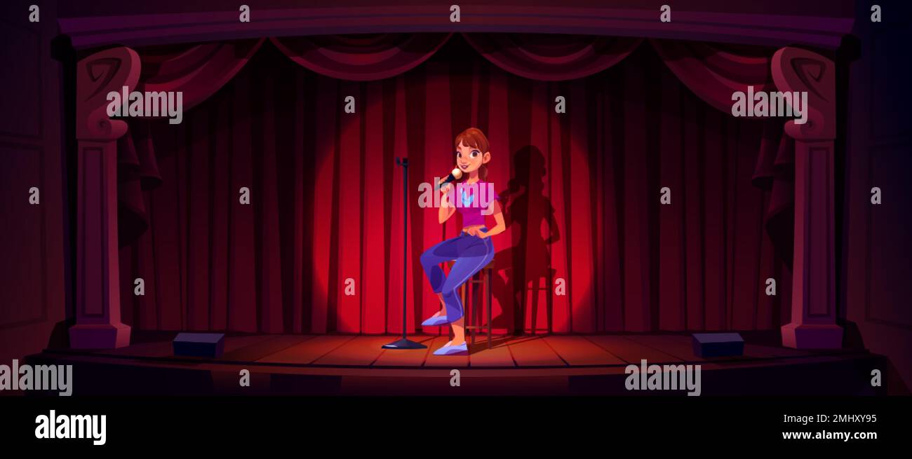 Comedian girl with mic on stage. Standup, comedy performance, open mike event with woman joking sitting on stool on scene with red curtains, vector ca Stock Vector