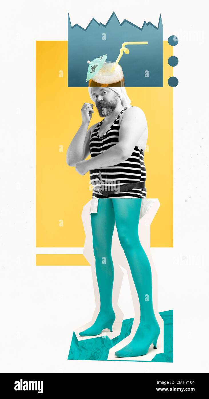 Contemporary art collage. Creative design. Funny combination of bearded man in retro striped swimming suit and long female legs on heels. Summertime Stock Photo