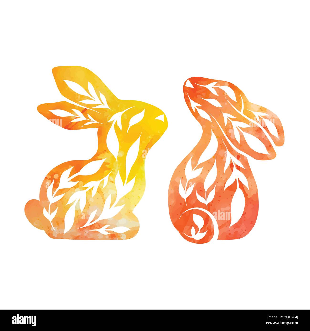 Vector set of decorated rabbits in various poses with yellow watercolor background. Hares with folk art and paint stains isolated from background. Stock Vector