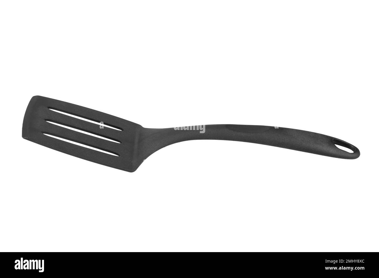 Black plastic cooking spatula isolated on white background. Kitchen