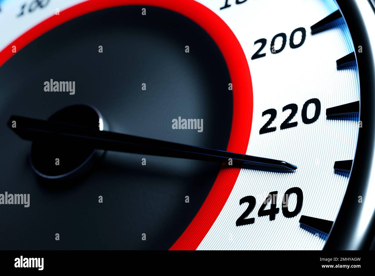 3D illustration close up black car panel, digital bright tachometer