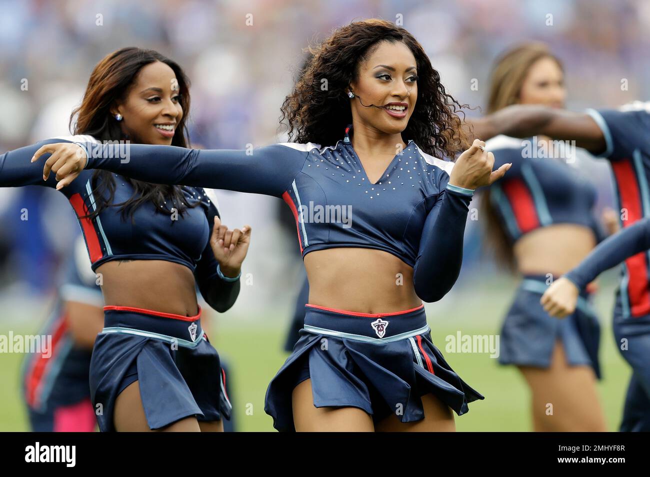 Tennessee Titans cheerleaders perform in the first half of an NFL football  game between the Titans and the Buffalo Bills Sunday, Oct. 6, 2019, in  Nashville, Tenn. (AP Photo/James Kenney Stock Photo 
