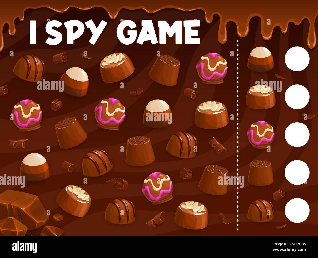 I spy game. Chocolate praline and fudge candy. Souffle and coconut