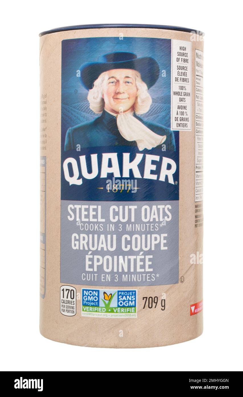 Pleasant Valley, Canada - January 26, 2023: Quaker steel cut oats container. Quaker Oats is an American food company based in Chicago. Stock Photo