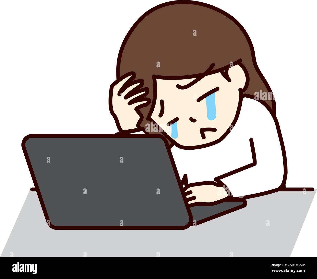 A woman exhausted in front of a laptop. Stock Vector