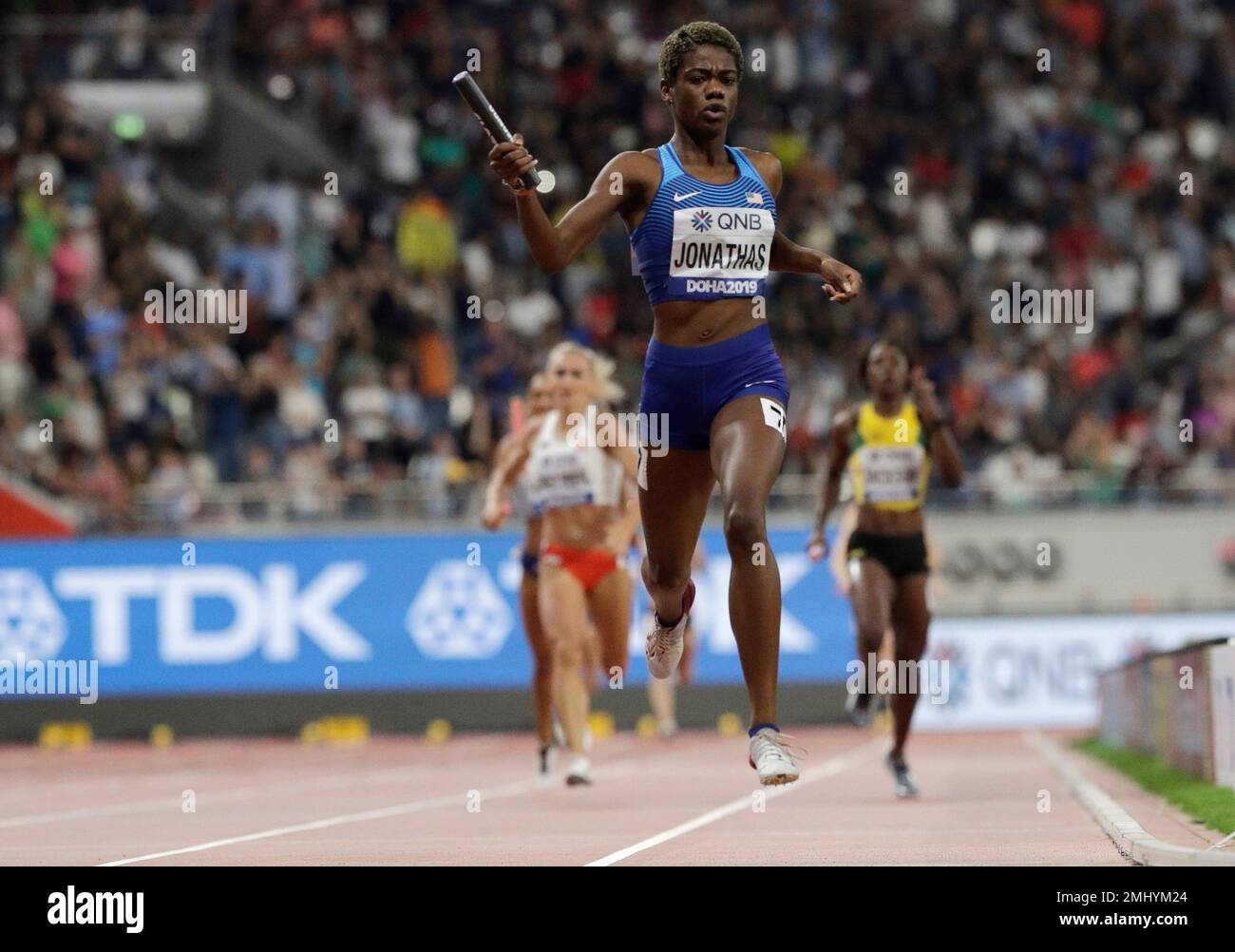 United States' Wadeline Jonathas crosses the finish line to lead the