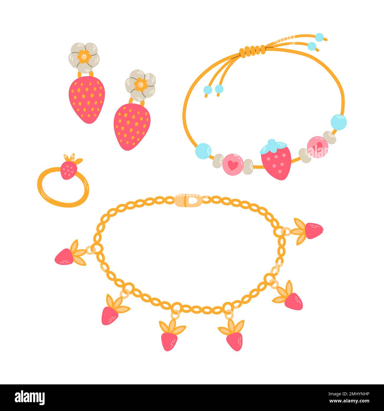 Kids jewelry. Cartoon drawing of strawberry jewelry for children isolated on white. Fashion, jewelry concept Stock Vector