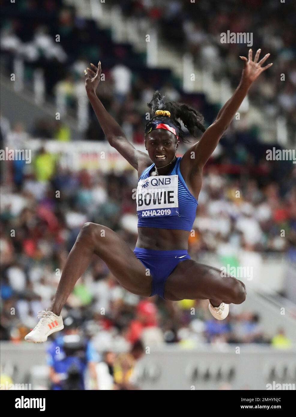 Tori Bowie, of the United States, competes in the women's long jump