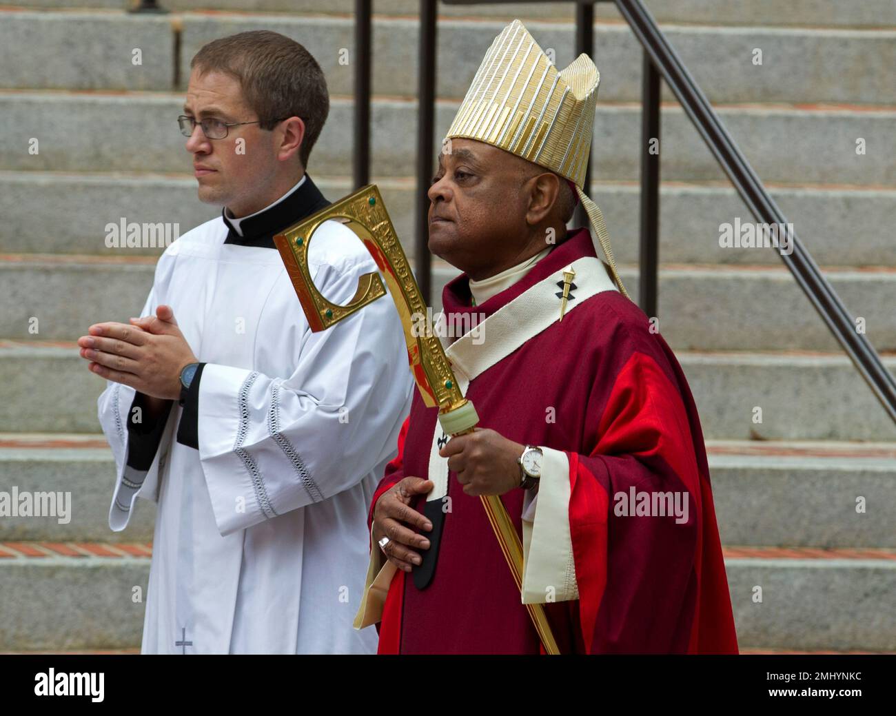 Archbishop designated by Pope Francis to the Archdiocese of Washington,  Archbishop Wilton D. Gregory, speaks during a news conference as Cardinal  Donald Wuerl looks on, at Washington Archdiocesan Pastoral Center in  Hyattsville