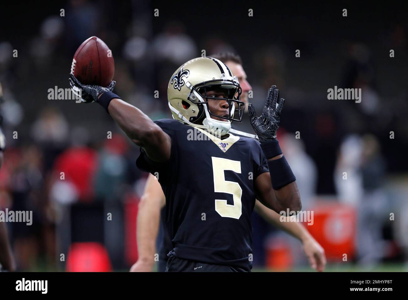 New Orleans Saints quarterback Teddy Bridgewater (5) is introduced during  player introductions, as part of pre-game festivities, before an NFL  football game in New Orleans, Sunday, Sept. 29, 2019. (AP Photo/Butch Dill