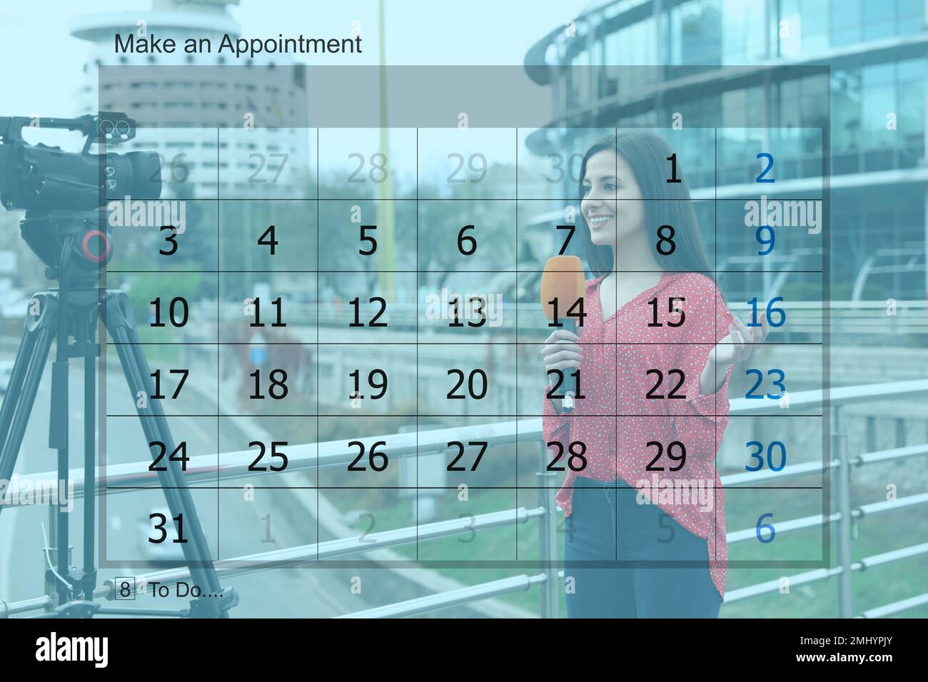 Double exposure of calendar and young journalist working outdoors ...