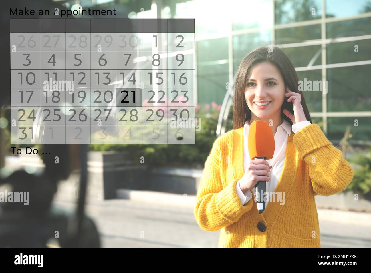 Double exposure of calendar and young journalist working outdoors ...