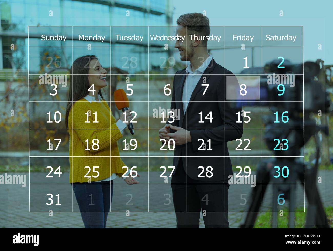 Double exposure of calendar and journalist interviewing woman outdoors ...