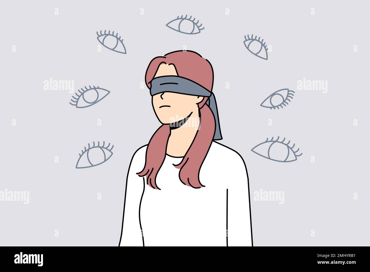 Young woman with cover on eyes feel stalked with various numerous eyes. Blindfolded female feeling paranoid. Mental health and paranoia. Vector illustration.  Stock Vector