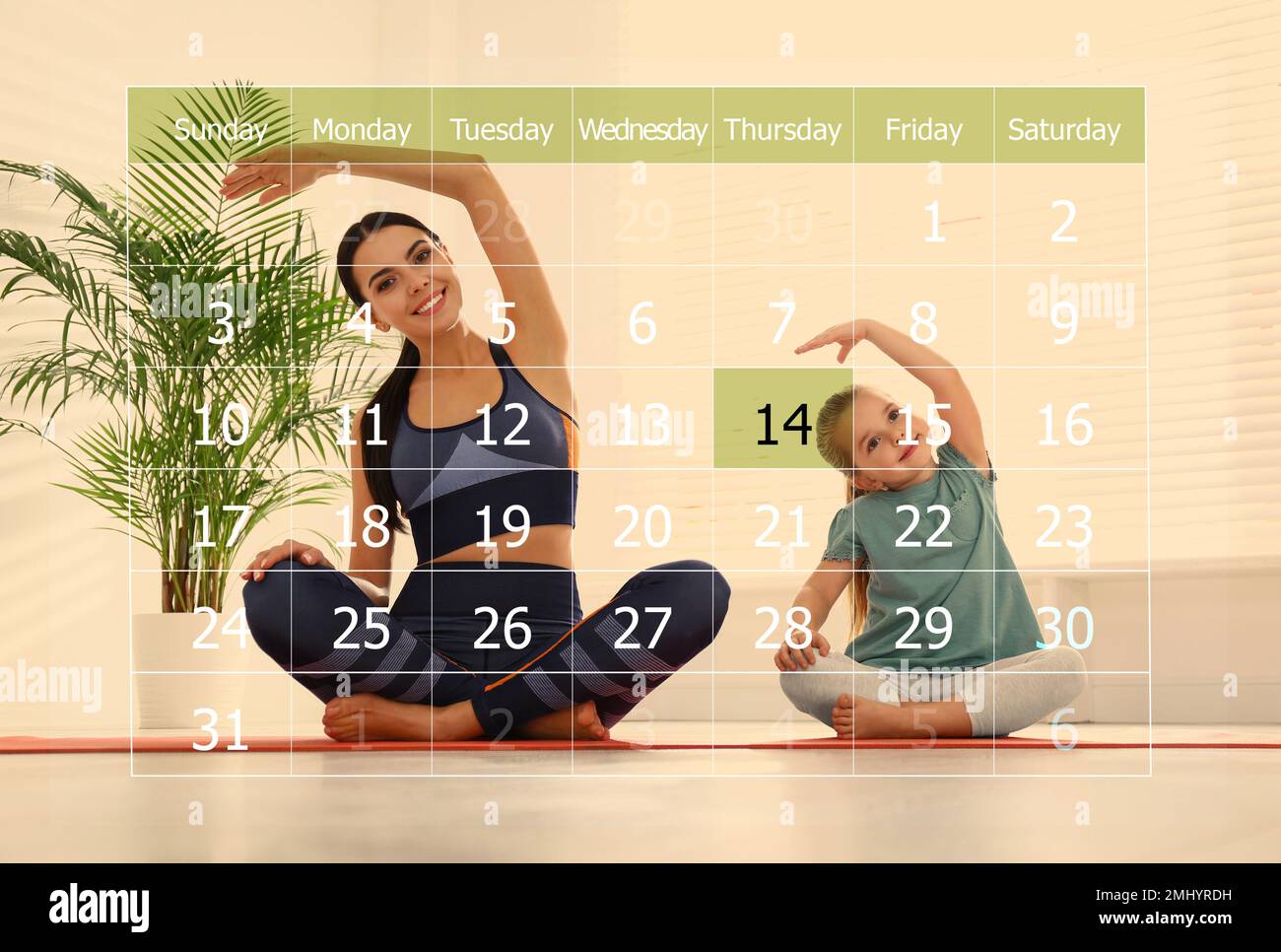 Double exposure of calendar and family doing yoga together at home ...