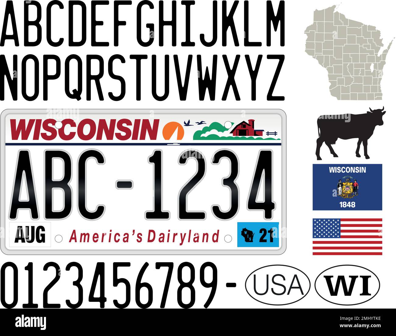 Wisconsin license plate, letters, numbers and symbols, USA, United States of America, vector illustration Stock Vector