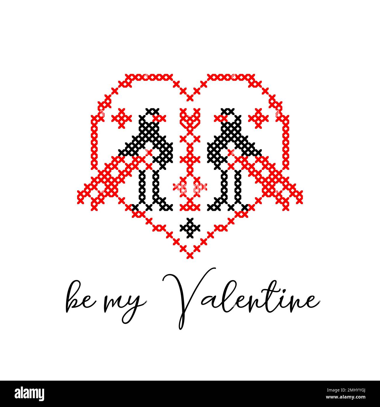 St. Valentine s greeting card with couple, pair of birds and heart. Ukrainian vector ethnic sign, folk element in red and black colors.Ukrainian Stock Vector