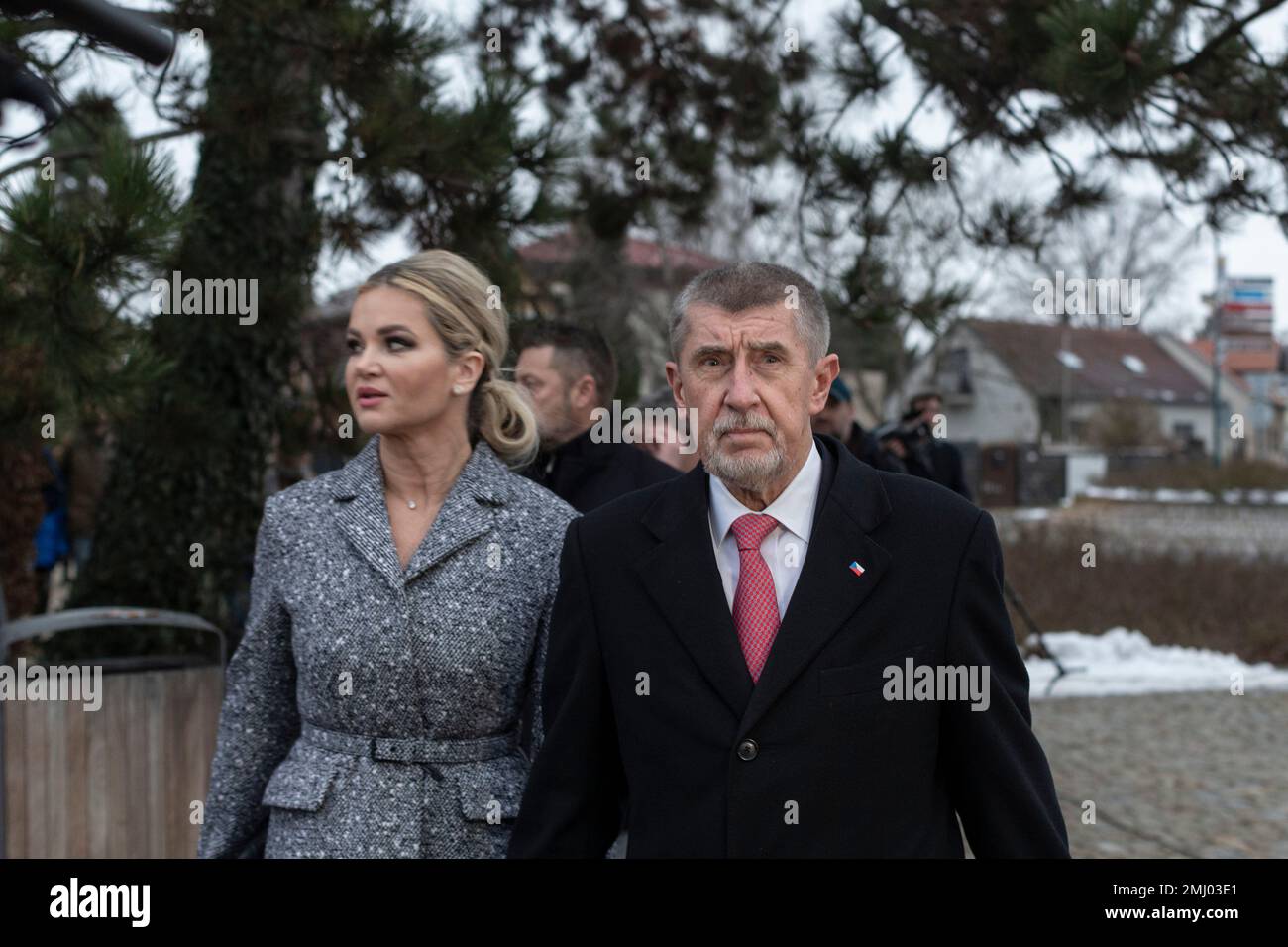 Presidential candidate and former Czech Republic's Prime Minister Andrej  Babis, front right, and his wife Monika Babisova, exit a polling station  after casting their ballots at the presidential election runoff in  Pruhonice,