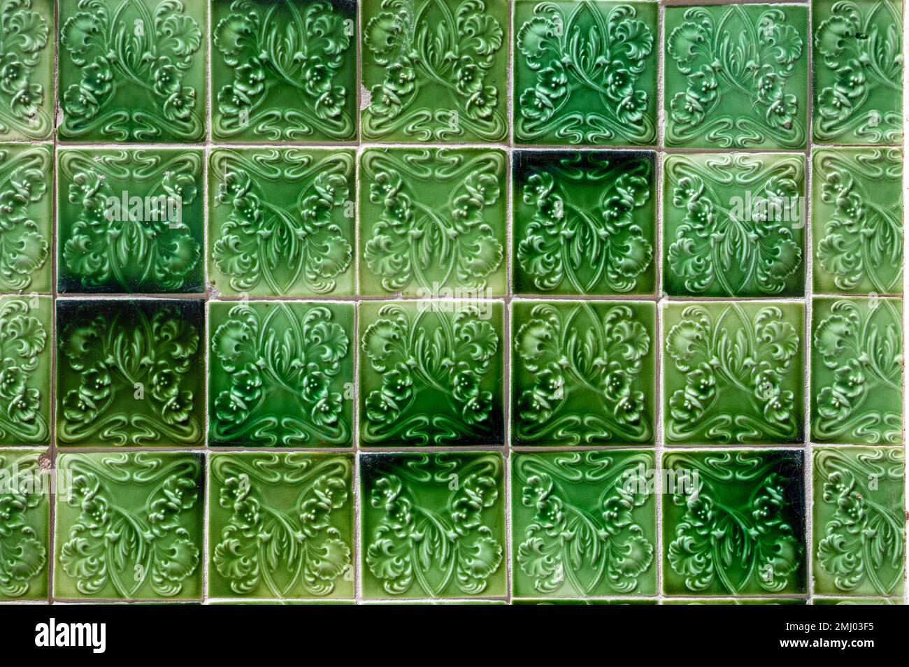 Green tiles on a building in Lagos Portugal, a close up of ornate ceramics Stock Photo