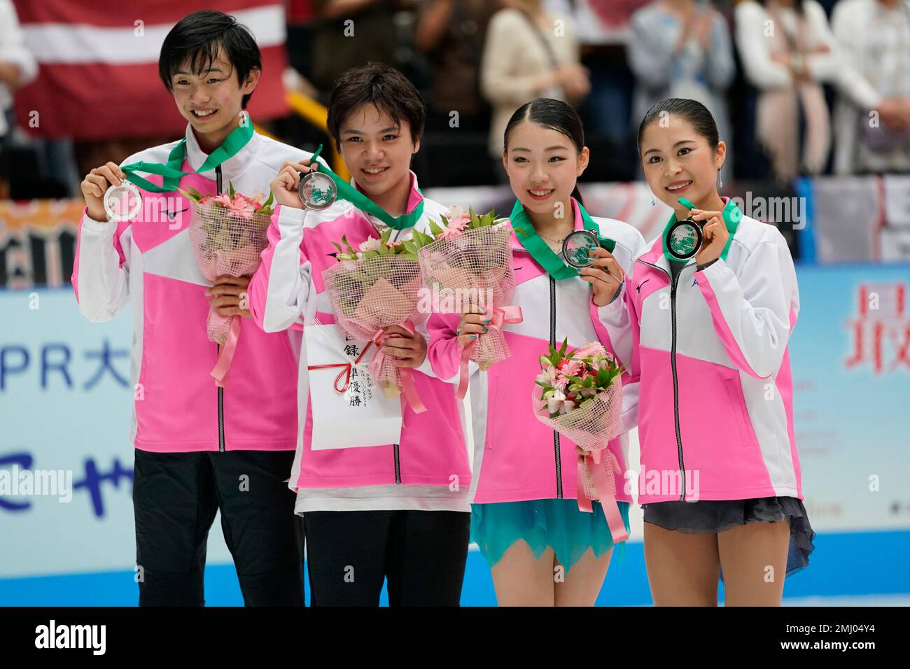 Silver medalists of team Japan, from left, Koshiro Shimada, Shoma Uno