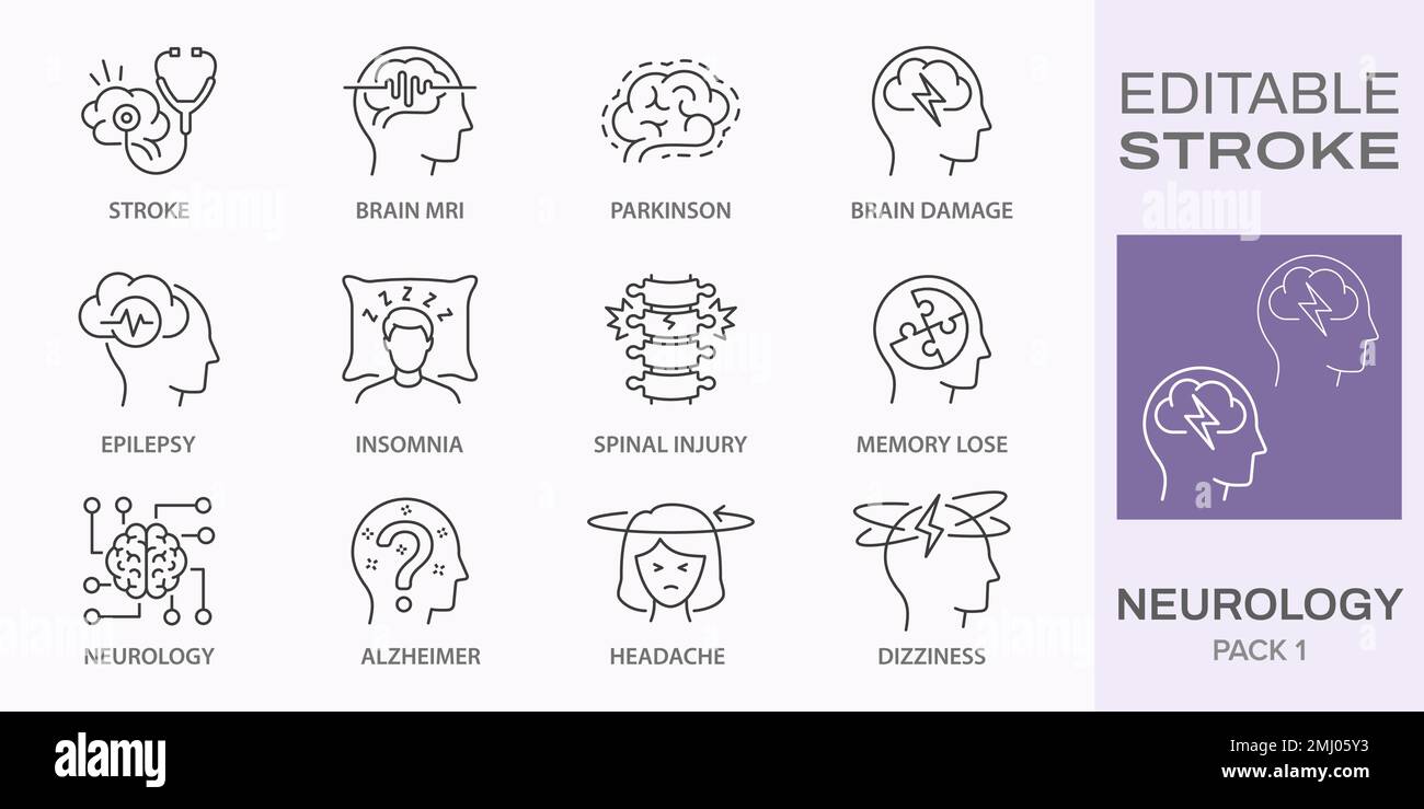 Neurology icons, such as alzheimer, parkinson, insomnia, headache and more. Editable stroke. Stock Vector