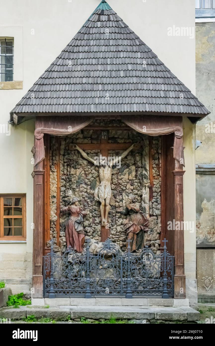 Outdoor altar at the Armenian Cathedral in Old Town Lviv, Ukraine, Stock Photo