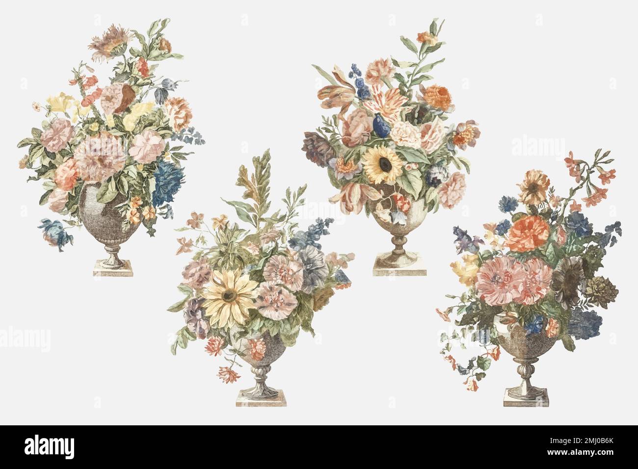 Flower bouquet in vase vector vintage illustration set Stock Vector