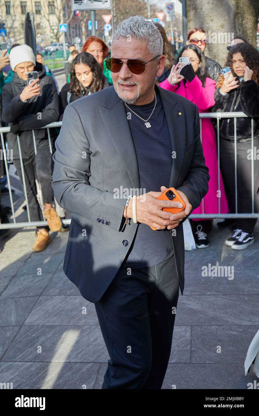 MILAN, ITALY - JANUARY 14, 2023: Roberto Baggio before Emporio Armani