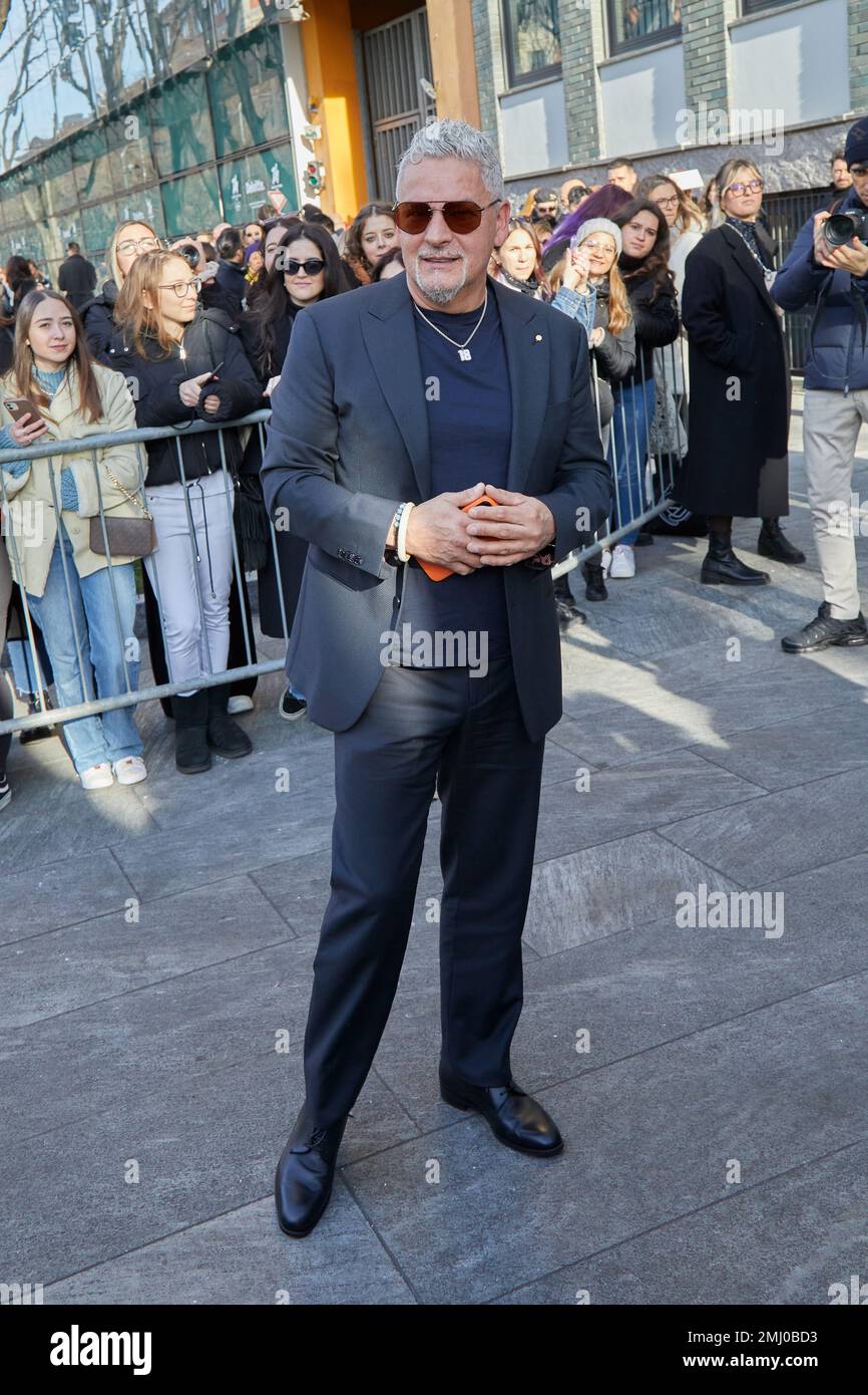 MILAN, ITALY - JANUARY 14, 2023: Roberto Baggio before Emporio Armani