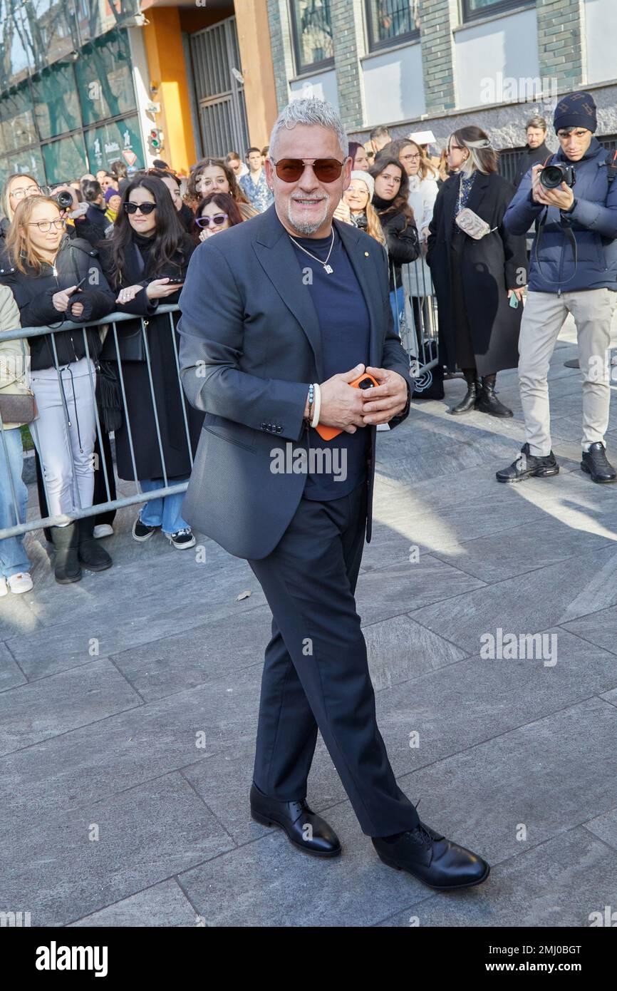 MILAN, ITALY - JANUARY 14, 2023: Roberto Baggio before Emporio Armani