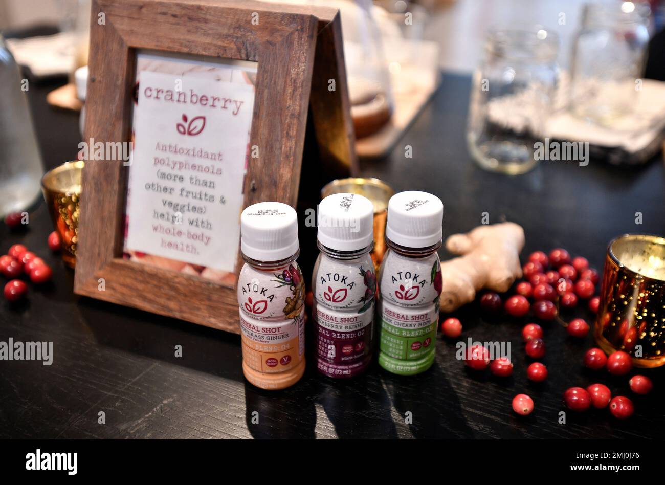 IMAGE DISTRIBUTED FOR OCEAN SPRAY - Atoka, a line of plant-based drinks, on  display at the launch of the Ocean Spray Lighthouse Incubator Program,  Wednesday Oct. 2, in Boston's Seaport District. (Josh