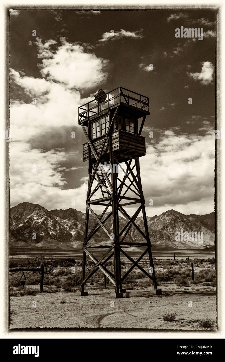Guard tower in the Japanese American concentration camp, preserved in Manzanar National Historic Site, California, USA Stock Photo