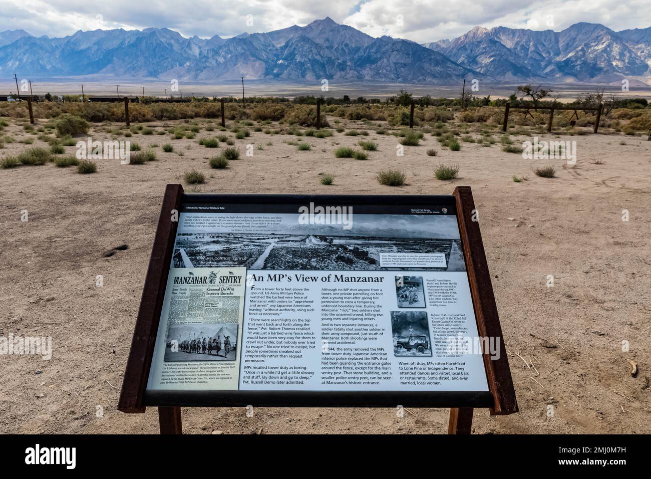 Interpretive sign about guard tower in the Japanese American concentration camp, preserved in Manzanar National Historic Site, California, USA Stock Photo